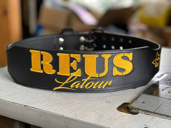 Custom heren Weightlifting belt zwart geel voorkant- Tigerbelts.nl