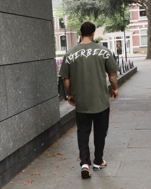 Tigerbelts White on Olive Green - Oversized t shirt
